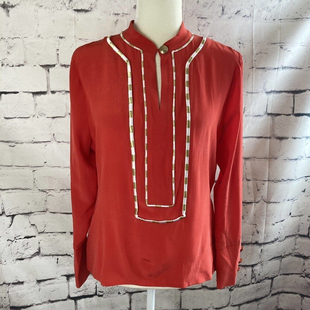 Veronica Beard Blouse Womens 6 Popover Embroidered Ann Top Silk Red Long Sleeve